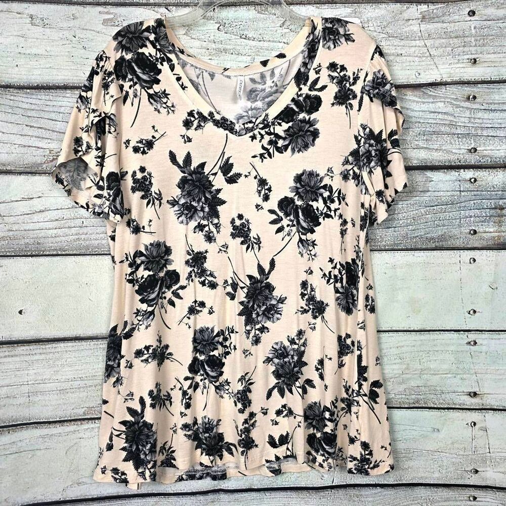 Cathy Black Floral V Neck Blouse Womens XL